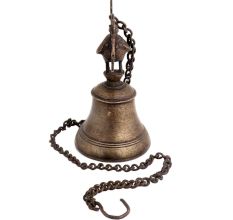 Brass Peacock Figurine Temple Bell With Long Chain