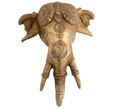 Brass Ornate Elephant Face Big Tusks Wall Hanging