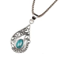 Turquoise Stone Teardrop Spiral Design 92.5 Sterling Silver Pendant