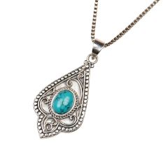 Engraved Leaf Turquoise 92.5 Sterling Silver Pendant