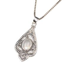 Moonstone Engraved Leaf 92.5 Sterling Silver Pendant