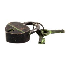 Brass Heart Shaped Lock and Keys In Pair With Patina