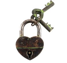 Brass Heart Shaped Lock and Keys In Pair With Patina