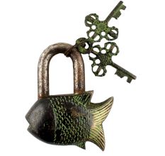 Brass Design Fish Lock with Twin Keys Patina Finish