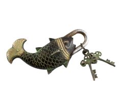 Brass Whale Fish Padlock Lock with Skeleton Key In Pair Patina Finish