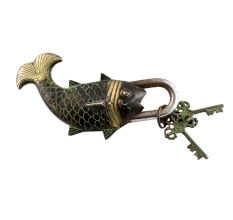 Brass Whale Fish Padlock Lock with Skeleton Key In Pair Patina Finish