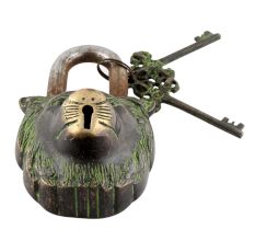 Brass Lion Shape Lock with Keys In Patina Finish