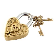 Brass Skull Face Heart Shaped Lock With Skeleton Keys