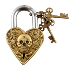 Brass Skull Face Heart Shaped Lock With Skeleton Keys
