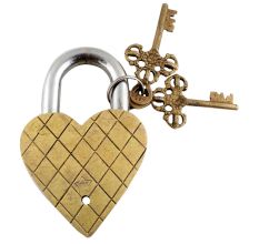 Brass Skull Face Heart Shaped Lock With Skeleton Keys
