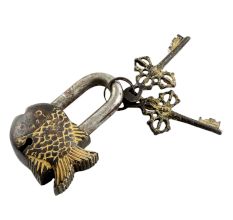 Brass Fish Padlock With Keys In Pair With Patina Finish