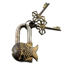 Brass Fish Padlock With Keys In Pair With Patina Finish
