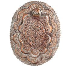 Vintage Copper Oval Tray Scalloped Edge And Carved floral Foliage Pattern