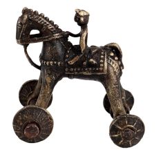 Highly Decorative Brass Rider On Horse With Wheels Temple Toy