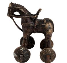 Indian Brass Temple Toy Soldier Rider Horse On Wheels
