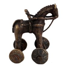 Indian Brass Temple Toy Soldier Rider Horse On Wheels