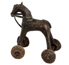 Old Used Brass Horse Rider On Wheels Temple Toy