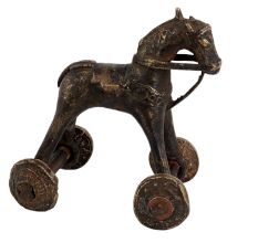 Old Used Brass Horse Rider On Wheels Temple Toy