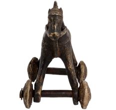Old Used Brass Horse Rider On Wheels Temple Toy