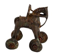 Brass Rider On Horse On Wheels Temple Figure