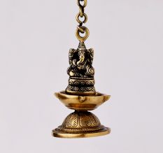 Brass Ganesha Figurine Hanging Four Wick Diya With Thick Chain