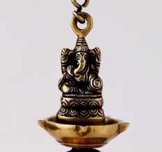 Brass Ganesha Figurine Hanging Four Wick Diya With Thick Chain