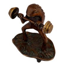 Funny Brass Weight Lifting Frog Statue Standing On Leaf
