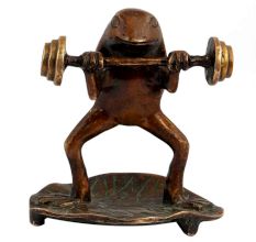 Funny Brass Weight Lifting Frog Statue Standing On Leaf