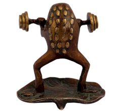 Funny Brass Weight Lifting Frog Statue Standing On Leaf
