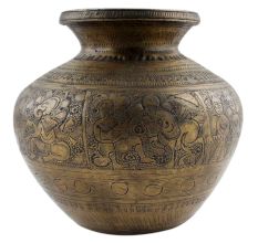 Brass Lota Pot Hand With Engraved With God Images And  Floral Motifs