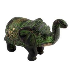 Brass Elephant Statue Carved With Detailed Engravings In Patina Finish