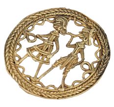 Round Brass Dhokra Wall Art Hanging Depicting Tribal Farmer Couple