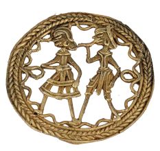 Round Brass Dhokra Wall Art Hanging Depicting Tribal Farmer Couple