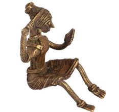 Brass Sitting Tribal Women Combing Hair looking Into A Mirror