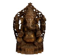 Old Brass Sitting Ganesha Idol With Prabhavali Worship Statue