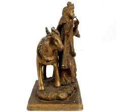 Brass Radha Krishna With Cow Statue