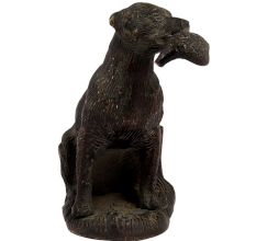 Brass Sitting Dog Statue Holding Flesh Of A Animal