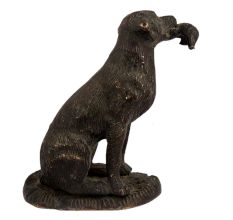 Brass Sitting Dog Statue Holding Flesh Of A Animal