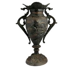 Black Brass Urn Flower Vase Birds Engraved Pattern With Swirl Peacock Handles