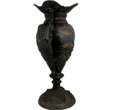 Black Brass Urn Flower Vase Birds Engraved Pattern With Swirl Peacock Handles