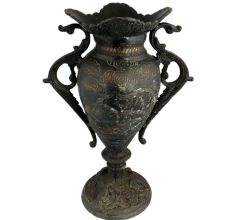 Black Brass Urn Flower Vase Birds Engraved Pattern With Swirl Peacock Handles