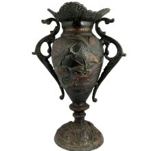 Black Brass Urn Flower Vase Birds Engraved Pattern With Swirl Peacock Handles