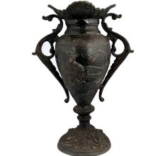 Black Brass Urn Flower Vase Mystical Birds Carved Pattern Clouds And Swirl Peacock Handles