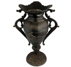 Black Brass Urn Flower Vase Mystical Birds Carved Pattern Clouds And Swirl Peacock Handles