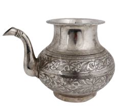 Brass Engraved Floral Design Water Pot With Spout With Silver Polish