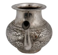 Brass Engraved Floral Design Water Pot With Spout With Silver Polish