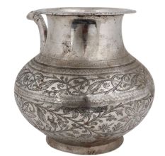 Brass Engraved Floral Design Water Pot With Spout With Silver Polish