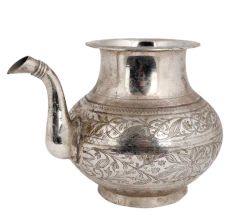 Brass Engraved Floral Design Water Pot With Spout With Silver Polish