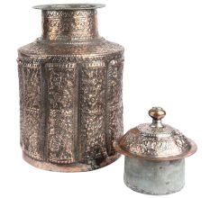 Etched Copper Jar Repouse Floral Motifs Lidded Canister