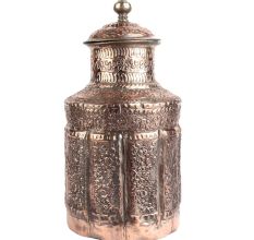 Carved Floral  Copper Cylindrical Storage Jar With Lid Finial